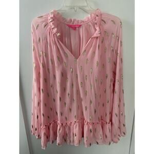 Lilly Pulitzer Tensley Silk Top Pink Metallic Silver Gold Feathers Ruffles XL